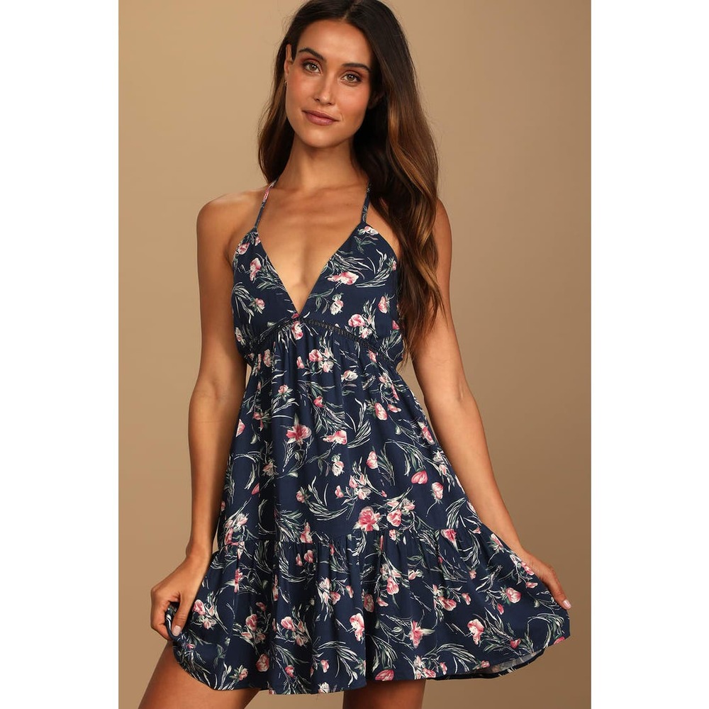 Lulus Twirl it Out Navy Blue Floral Print Tiered Mini Dress